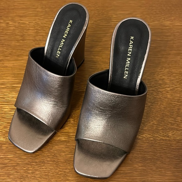 Karen Millen Leather Metallic Wedge Open Toe Mules 41 - Picture 1 of 5
